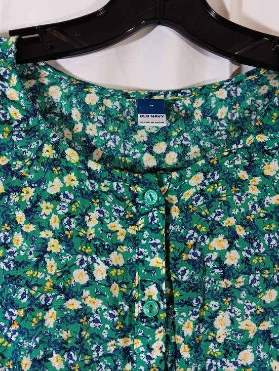 Old Navy Womens Medium Dress Green Floral Puff Sleeve Button Front Midi Tiered - Picture 5 of 14
